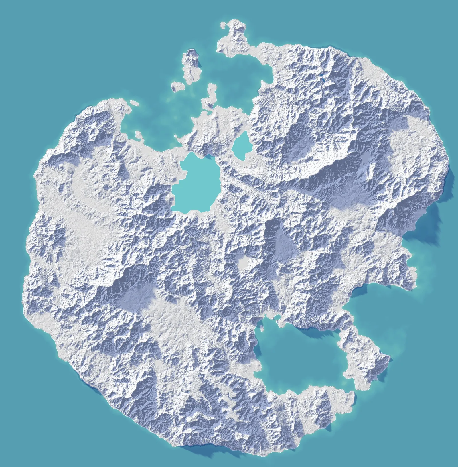 The island on its paper relief, with a pin for each place the blog's posts visit