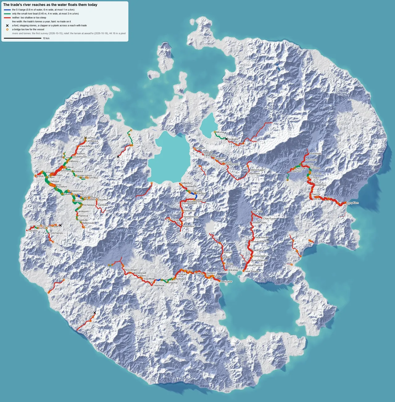 Map of a mountainous island with every river its trade used, drawn blue, green or red by what the water could float and wider where more cargo moved