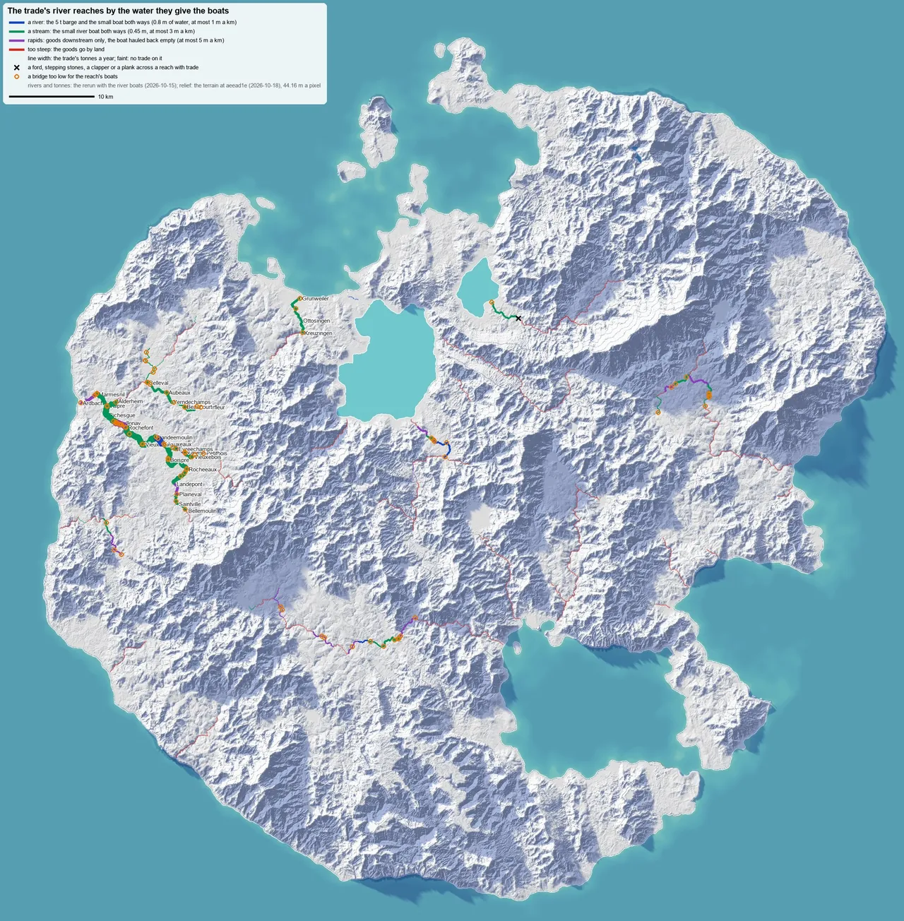 Map of the same island after the change: river trade now concentrates in the western plains, drawn thick and green, while the eastern rivers carry nothing