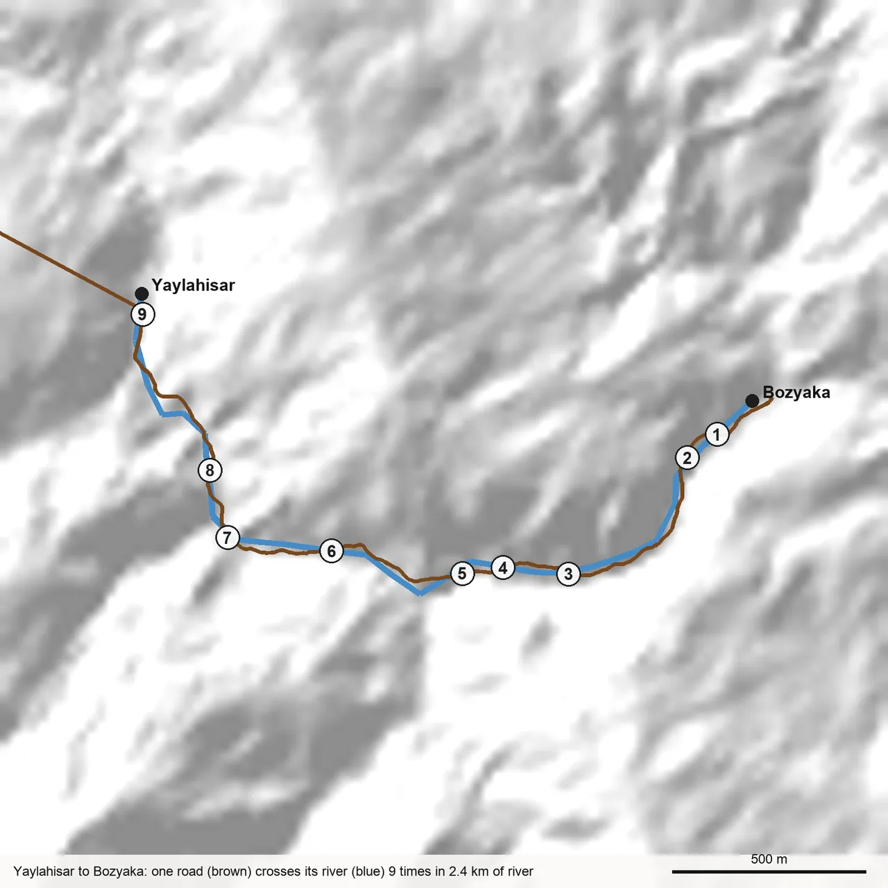 Close-up map of a valley where a road weaves along a river, crossing it at nine numbered points between the villages of Yaylahisar and Bozyaka