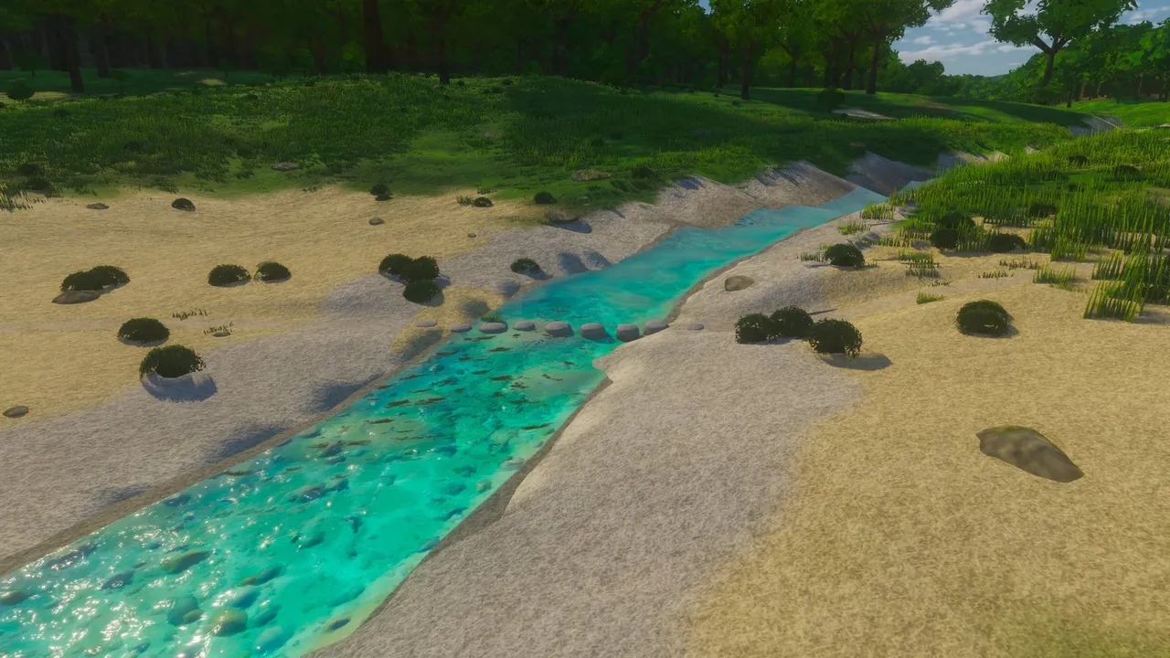 In-game render of a line of stepping stones across a shallow turquoise stream between sandy banks and grass