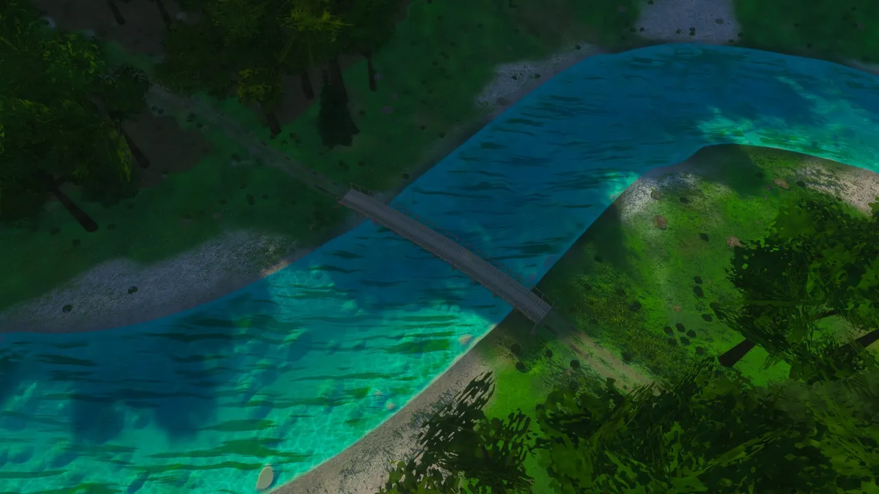 In-game render of a narrow timber bridge crossing a clear turquoise river low over the water, between wooded banks