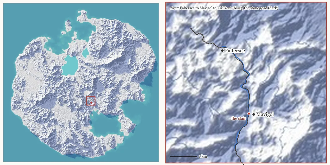 Two maps side by side: the whole island in pale relief with a small red square near its centre, and an enlarged view of that square showing a blue river running south past Faltersee and Mavigol, a dark road following it, and a red dot marked "the stair" just west of Mavigol