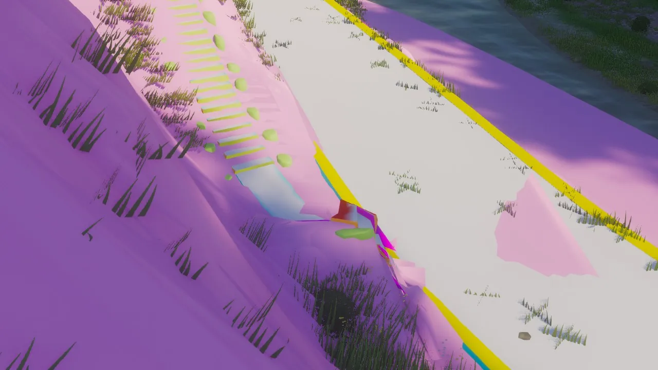 The same close-up in diagnostic colours: pink ground, white paving, a yellow kerb strip, and at the foot of the steps a cluster of red, magenta and cyan fragments and a loose green block