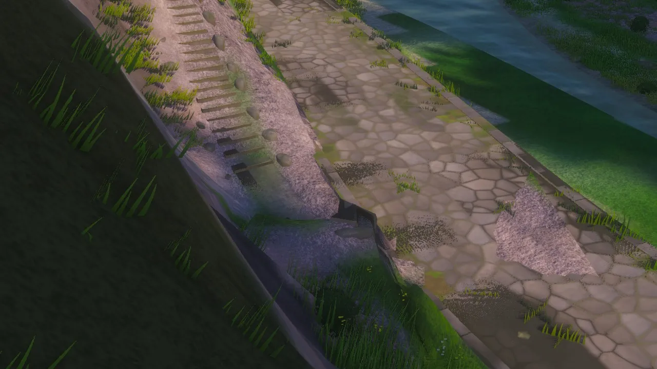 Close-up render of the foot of the steps at the road's kerb: broken slab ends, tilted stone blocks and torn kerb pieces in a heap where the steps meet the paving