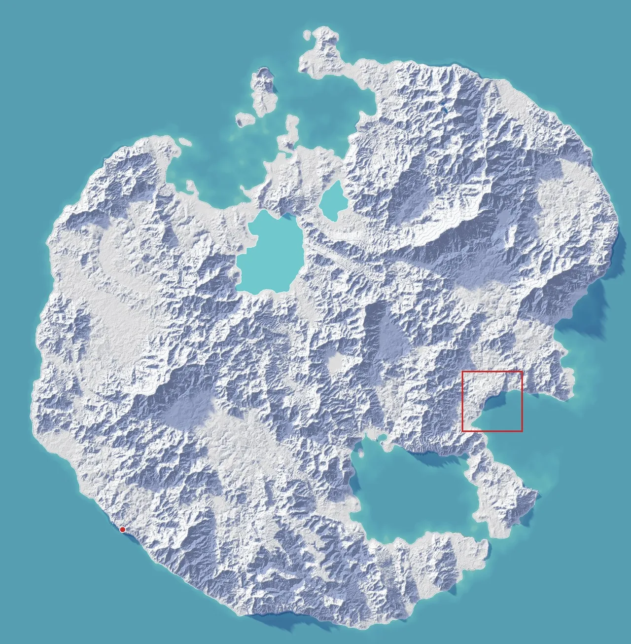 A white relief map of the whole island on a teal sea, with a red box around the south-east coast and a red dot on the south-west coast
