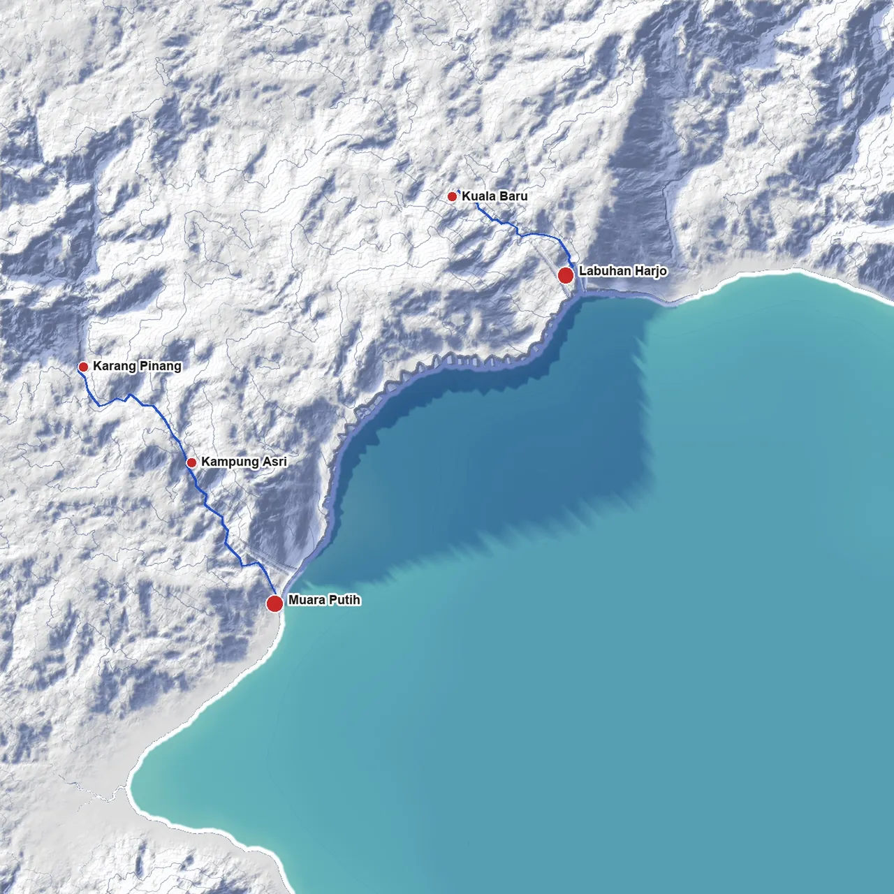 A white relief map of a stretch of sea cliff, its height drawn as a blue shadow on a teal sea, with red dots for the city of Labuhan Harjo on the cliff top and the hamlet of Muara Putih at the shore, and blue river lines that end at the cliff edge