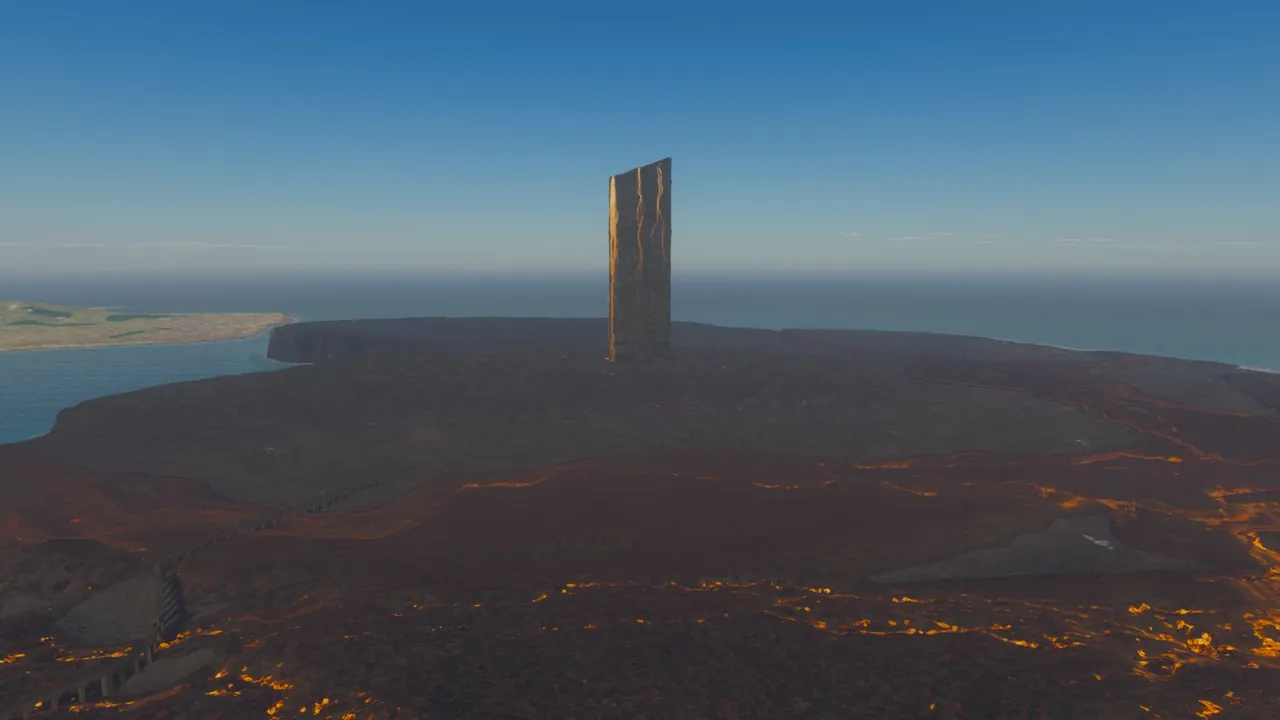 In-game render of a tall black slab standing alone on a dark plain beside the sea, glowing orange seams running down its face, with molten lava glowing in channels across the plain in front of it