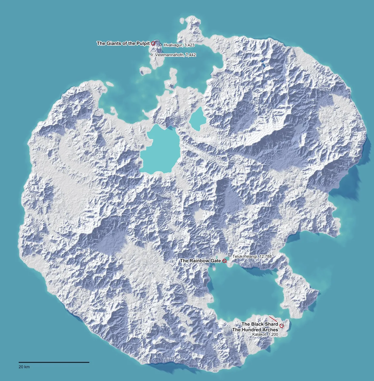 The whole island on a pale relief map. Four places are marked in red: the Giants of the Pulpit on an islet in the north, the Rainbow Gate at the mouth of a cove at the head of the great southern bay, and the Black Shard with the Hundred Arches at the island's south-east tip; small white dots mark Teluk Pelangi, Kalakot, Hvalvagur and Vestmannahofn