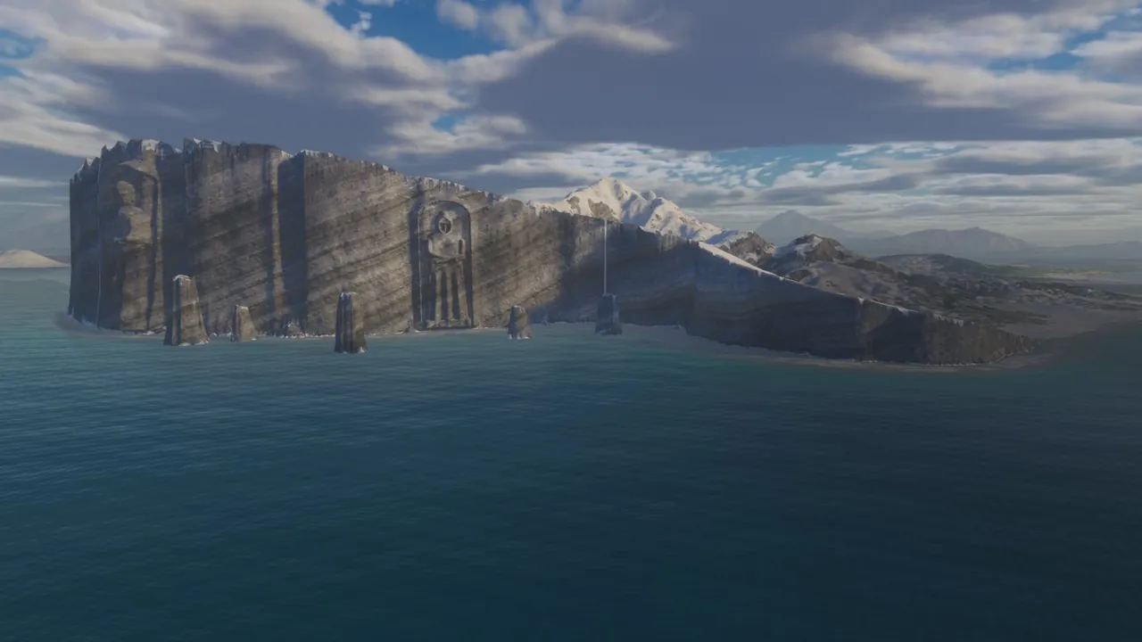 In-game render of a long grey slate cliff rising straight out of a dark sea under heavy cloud. Two tall hooded figures stand in arched niches cut into the face, and sea stacks stand in the water at its foot