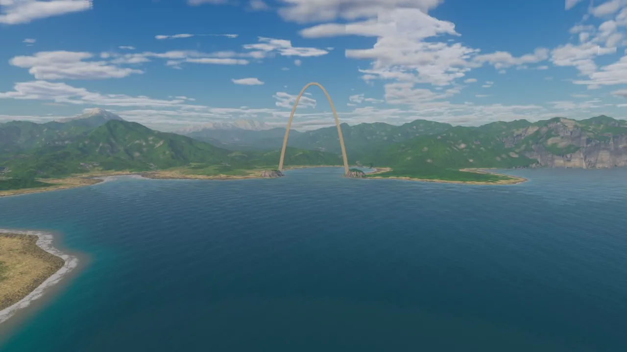In-game render of a wide blue bay under a cloudy sky. Far off, a thin tan stone arch rises from two low green headlands at the mouth of a cove, with forested hills behind.