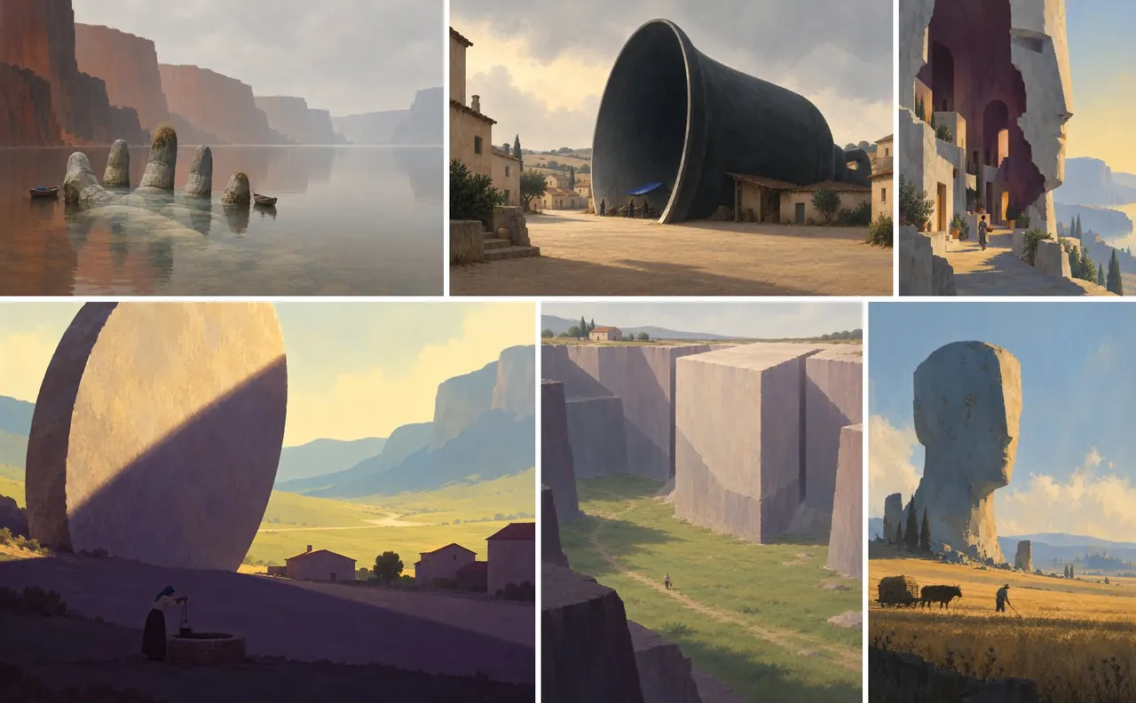 Six pieces of concept art, painterly in style: a giant stone hand in a lake with boats moored at its fingers; a huge black bell lying on its side in a village square with a market stall in its mouth; a street of houses built into the hollow of a vast carved face; a woman drawing water at a well in the shadow of a giant stone disc; a path running between colossal cut stone blocks; a farmer working a wheat field beneath a tall stone head