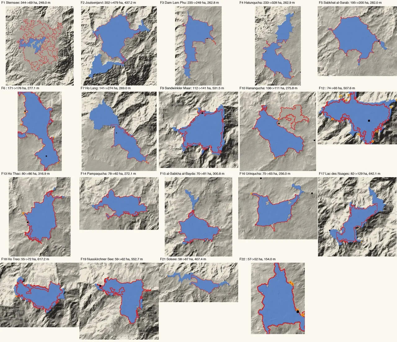 Nineteen planned lakes, each on its own relief, the first plan's outline in red cut off by straight box edges and the corrected one in blue