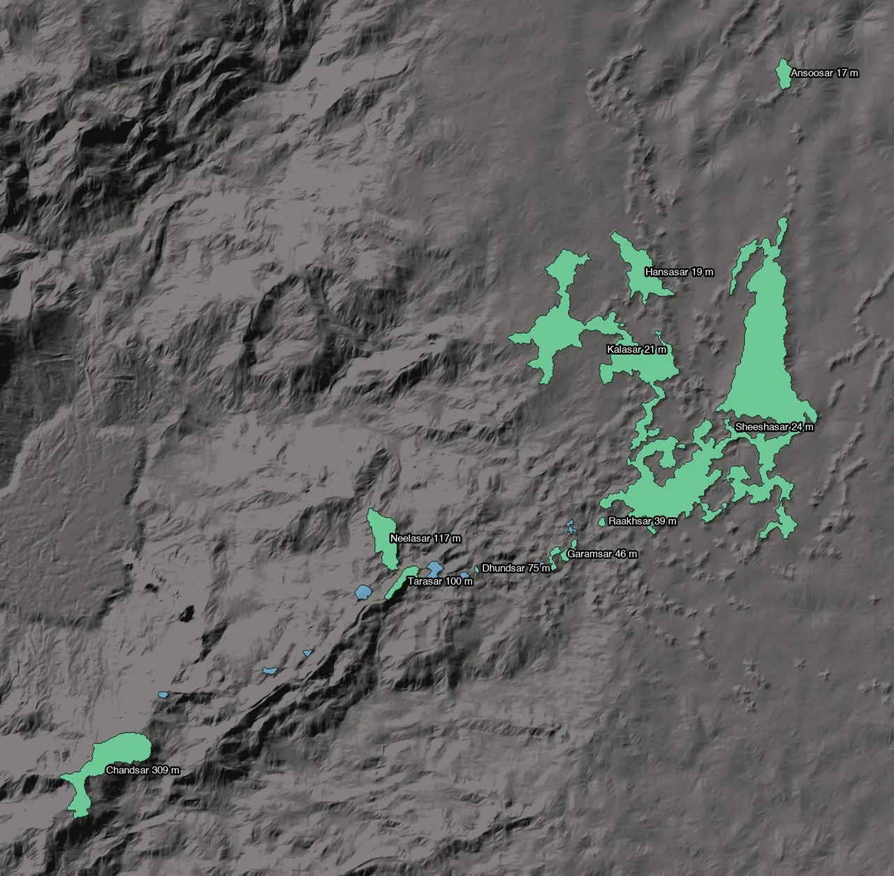 Dark shaded relief of the lava field with a chain of green lakes and small blue pools running from the lower left to the upper right, each lake labelled with its name and level, from Chandsar at 309 m to Ansoosar at 17 m