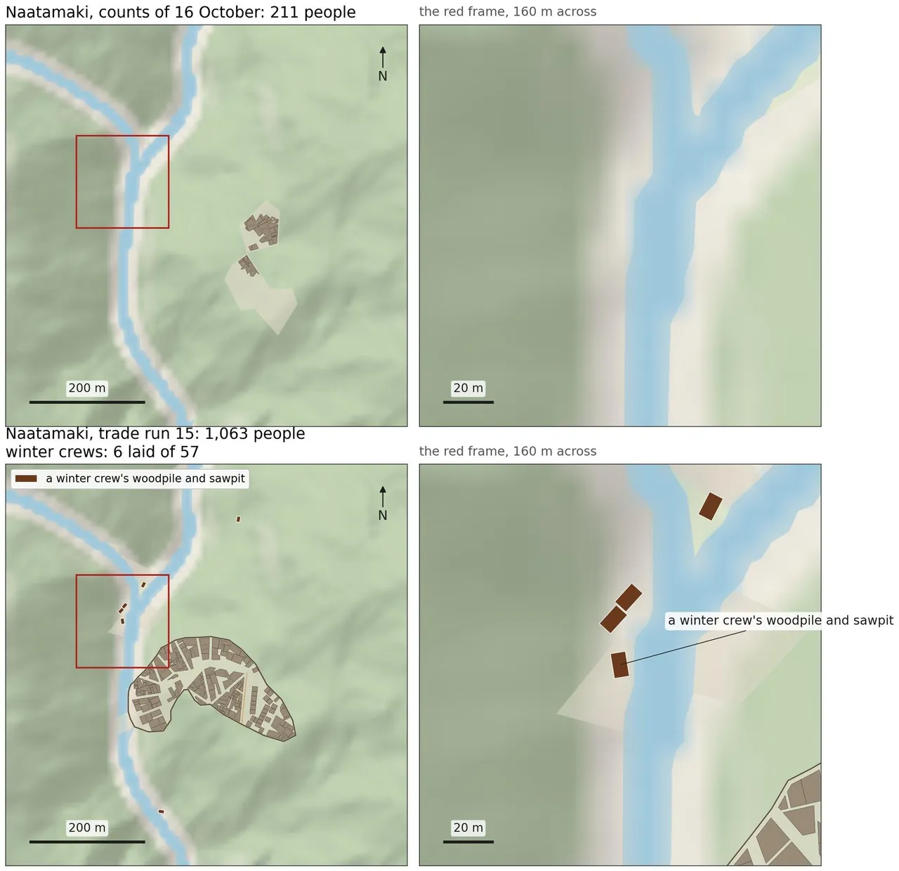 Two rows of maps of Naatamaki on the same land by a river fork. Top, from the counts of 16 October: two small clusters of houses, about 40 in all. Bottom, from trade run 15: a walled town of some 220 houses in a crescent, and six brown lots: four by the river in the close-up, one far to the north, one to the south