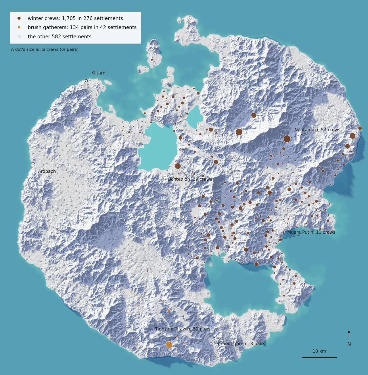 Paper relief map of the island with brown dots, sized by their winter crews, thick over the north and the east and thinning to nothing toward the west coast, ochre dots in the southern desert, and the western cities Ardbach and Kiltarn marked in white