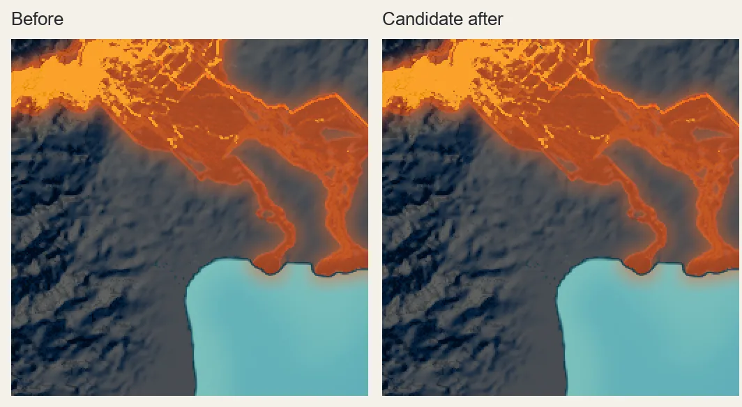 At 16 metres per pixel, the before and candidate after maps are identical, retaining large bright rectangular patches and angular channels.