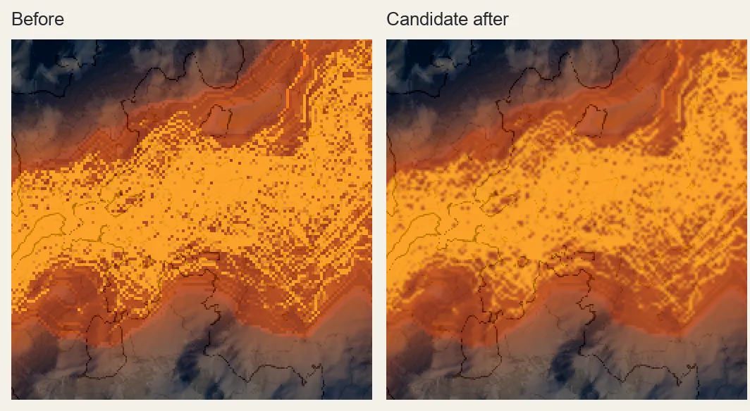 At 4 metres per pixel, the original lava reader on the left produces hard square patches; the candidate on the right makes the broad hot field more continuous but leaves small dark blocks and angular branches.