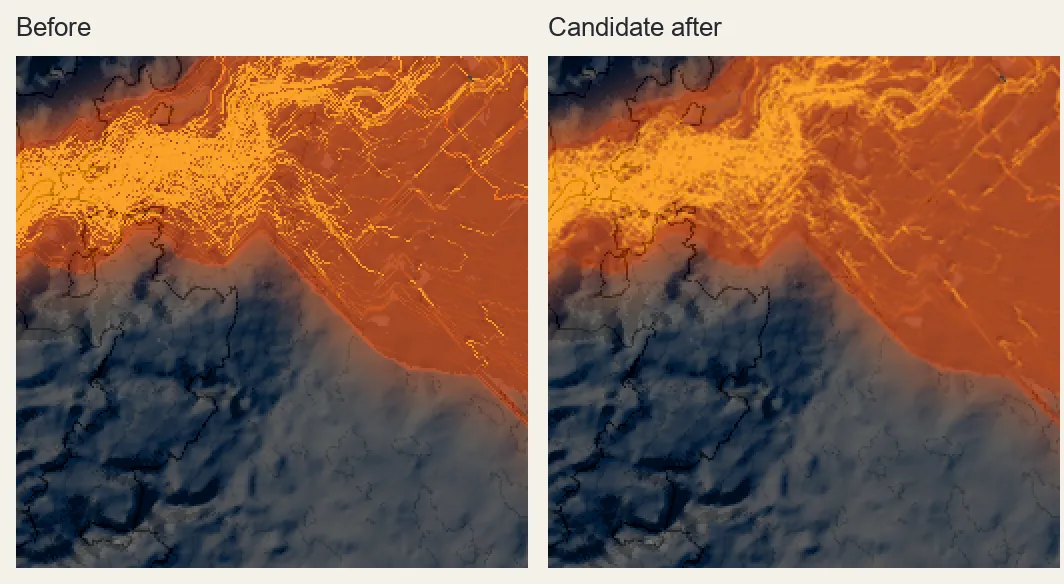 At 8 metres per pixel, the before and candidate after maps both retain conspicuous diagonal and parallel bright channels, while the candidate softens some thin branches.