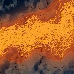The published biome map near Dhundsar: orange lava spans dark slopes, with repeated square patches and staircase edges inside the orange band.