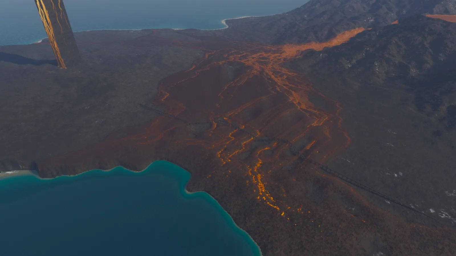 An aerial game-engine view of bright lava channels crossing dark ground beside the Hundred Arches and the sea