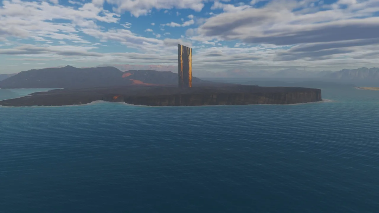 The Lava Tip seen from the sea in the game engine, with a dark coastal cliff, lava on the plateau and the upright Black Shard