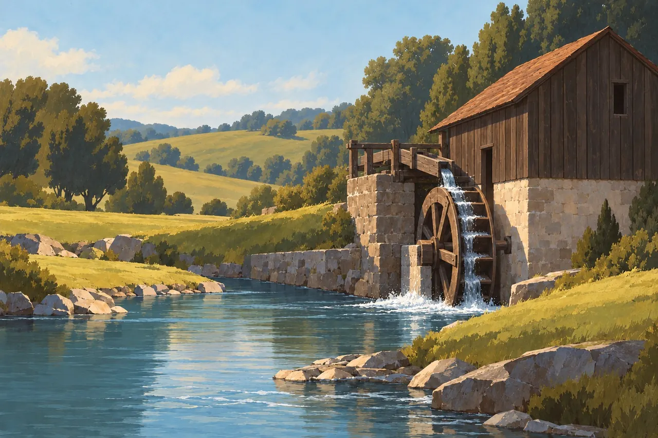 A timber watermill beside a controlled millrace, with water falling over the wheel into the stream