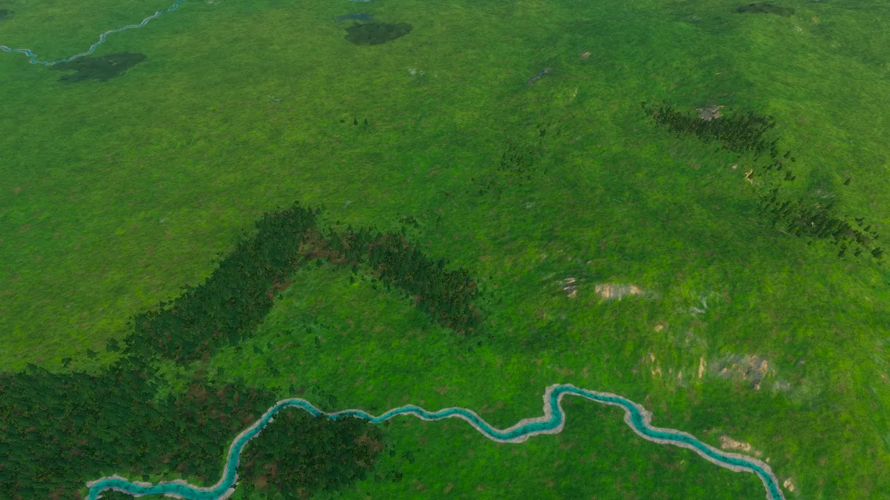 Lac Clair, the long bent hollow between woodland and exposed ground, in the Atlas game before the new lake occupies the hollow