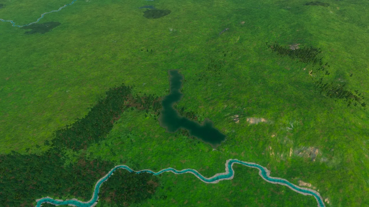 Lac Clair, the long bent hollow between woodland and exposed ground, in the Atlas game after water fills the planned basin