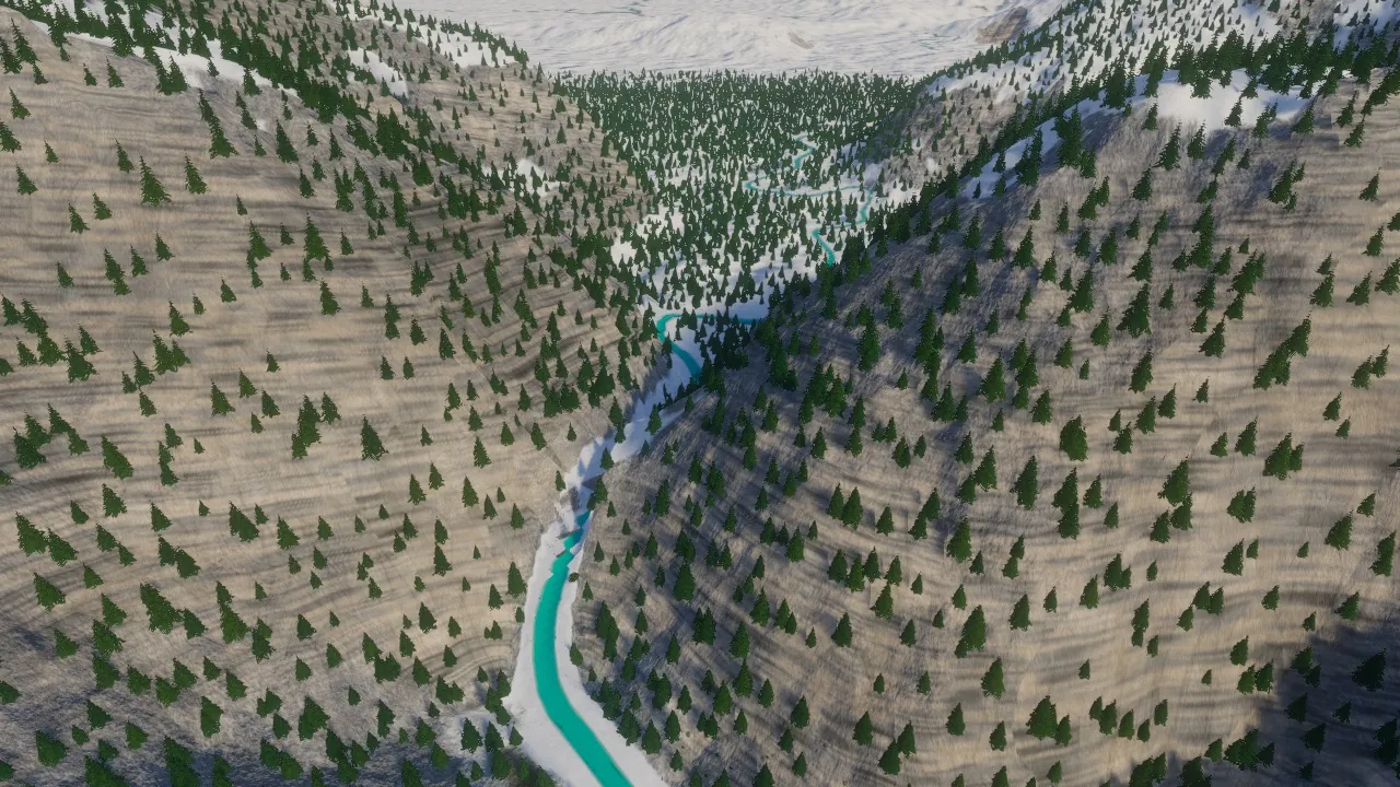 Joutsenjarvi, the lake-to-gorge outlet view, in the Atlas game before the new lake occupies the hollow
