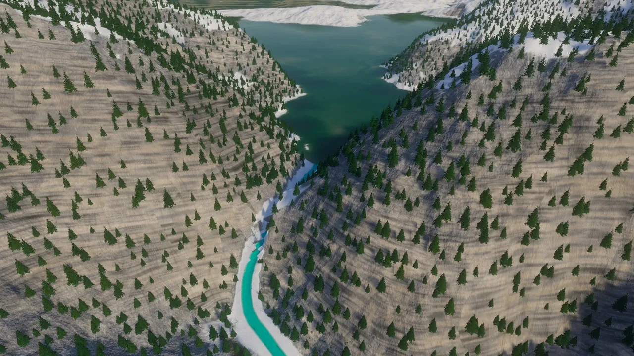 Joutsenjarvi, the lake-to-gorge outlet view, in the Atlas game after water fills the planned basin