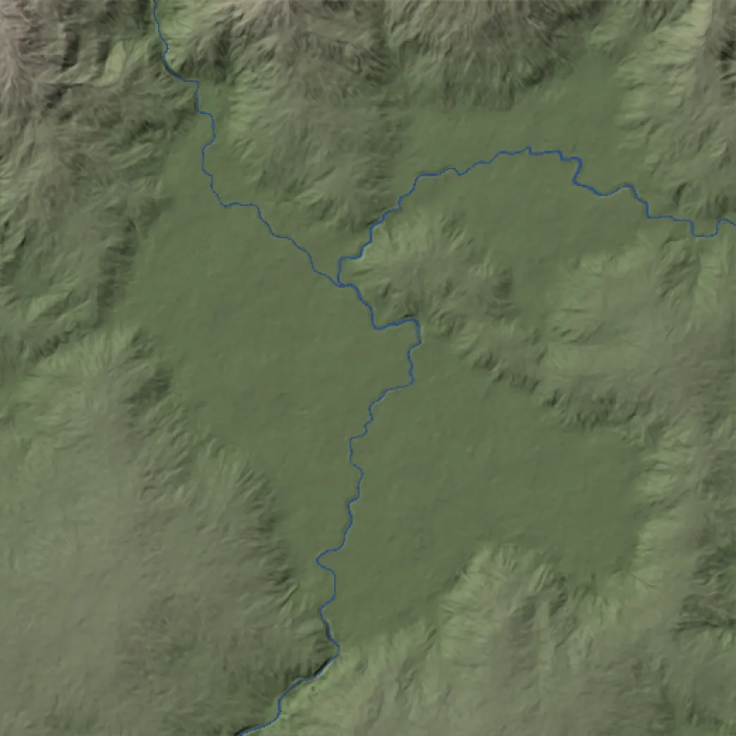 Hananqucha: basin, before lake installation, shown as plan-view shaded relief with blue diagnostic water