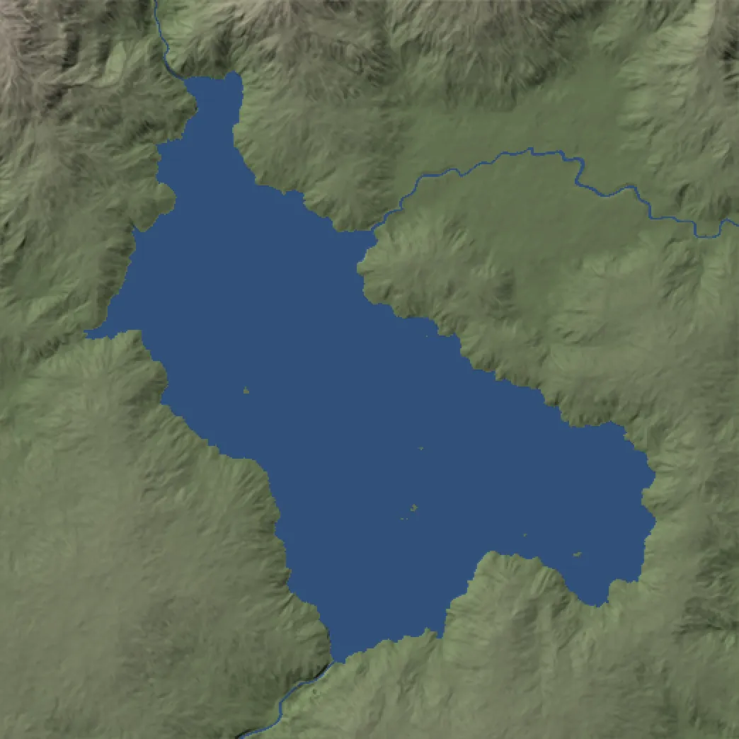 Hananqucha: basin, after lake installation, shown as plan-view shaded relief with blue diagnostic water