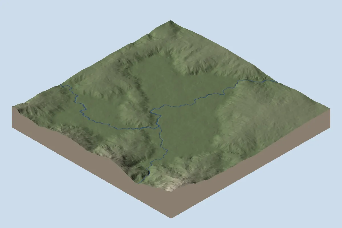 Hananqucha: basin, before lake installation, shown as oblique shaded relief with blue diagnostic water