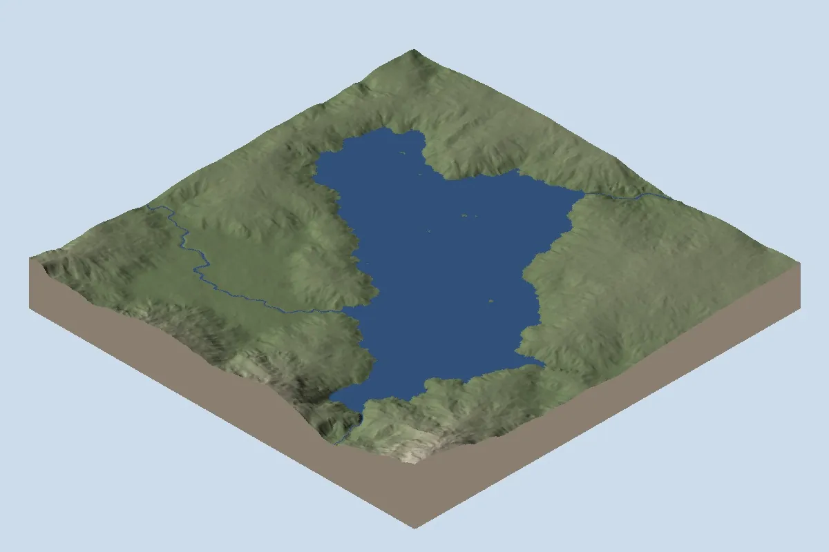 Hananqucha: basin, after lake installation, shown as oblique shaded relief with blue diagnostic water
