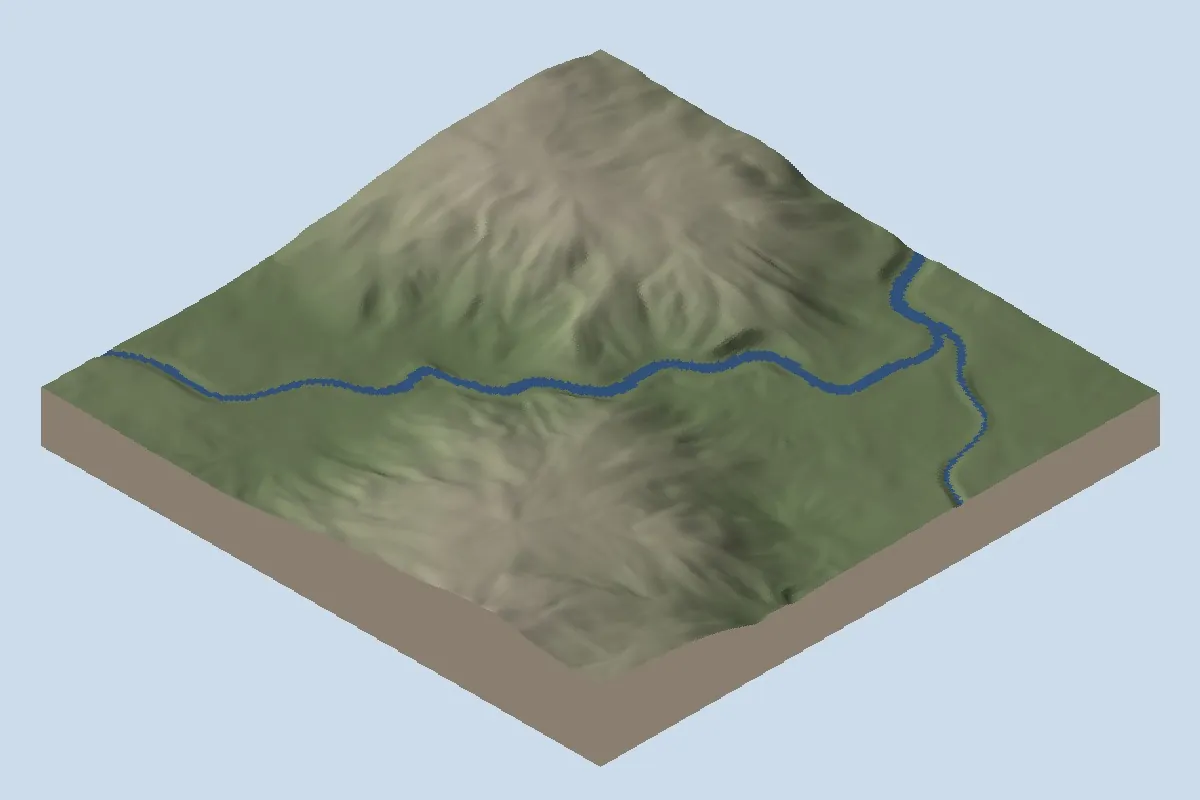 Hananqucha: first neck, before lake installation, shown as oblique shaded relief with blue diagnostic water