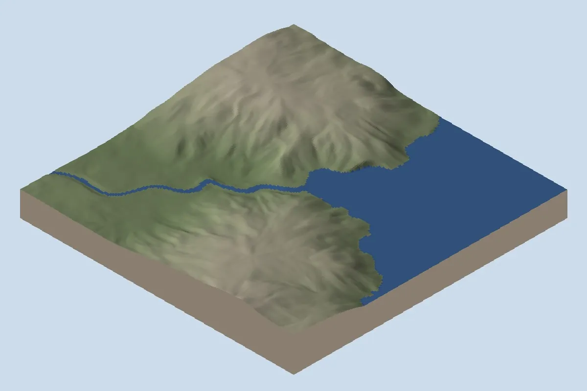 Hananqucha: first neck, after lake installation, shown as oblique shaded relief with blue diagnostic water