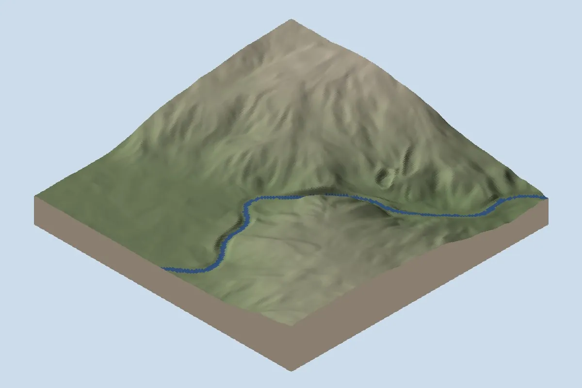 Hananqucha: second neck, before lake installation, shown as oblique shaded relief with blue diagnostic water