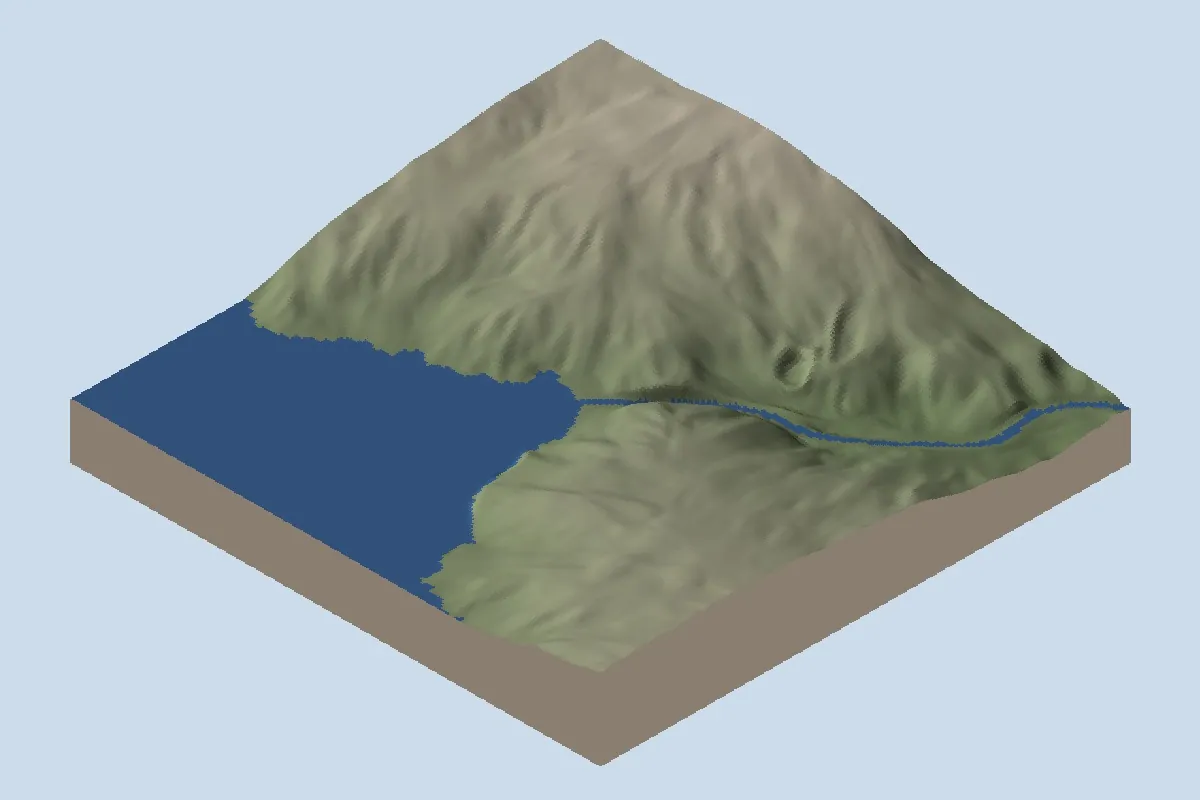 Hananqucha: second neck, after lake installation, shown as oblique shaded relief with blue diagnostic water