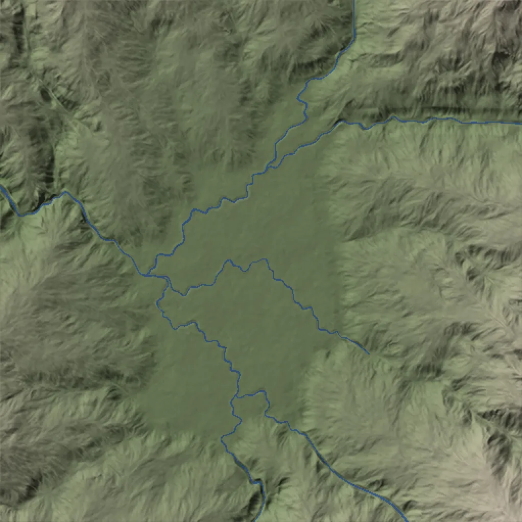 Ho Thac: basin, before lake installation, shown as plan-view shaded relief with blue diagnostic water