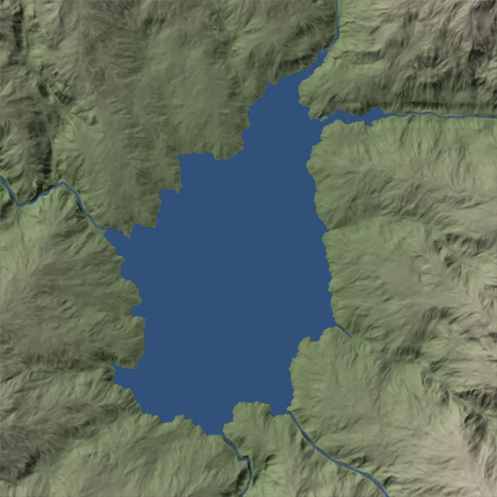 Ho Thac: basin, after lake installation, shown as plan-view shaded relief with blue diagnostic water