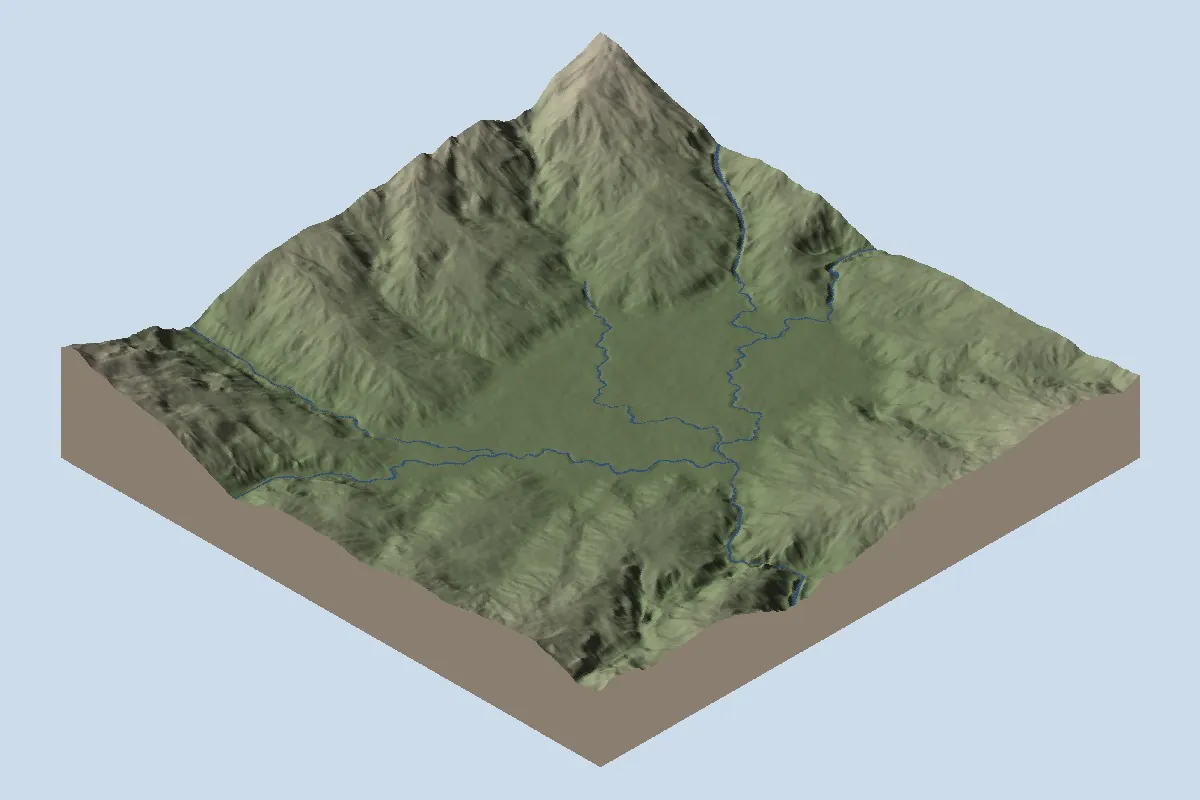 Ho Thac: basin, before lake installation, shown as oblique shaded relief with blue diagnostic water