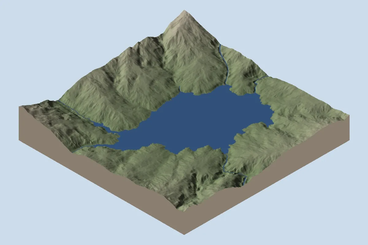 Ho Thac: basin, after lake installation, shown as oblique shaded relief with blue diagnostic water