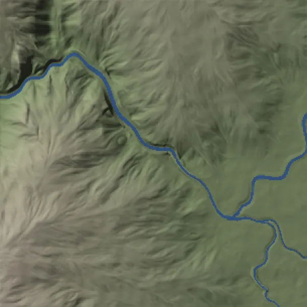 Ho Thac: neck, before lake installation, shown as plan-view shaded relief with blue diagnostic water
