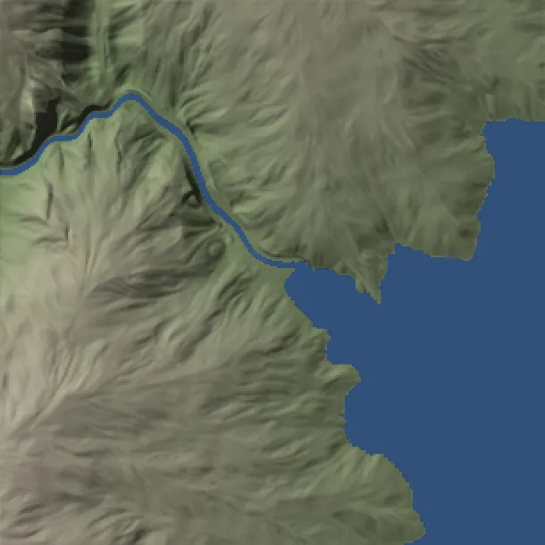 Ho Thac: neck, after lake installation, shown as plan-view shaded relief with blue diagnostic water