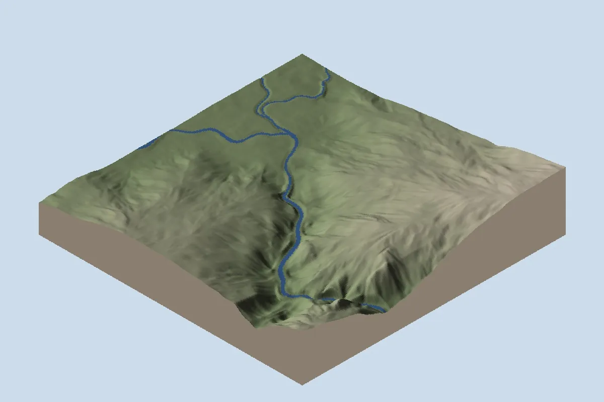 Ho Thac: neck, before lake installation, shown as oblique shaded relief with blue diagnostic water