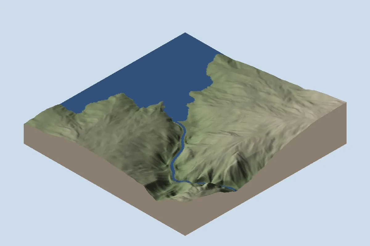 Ho Thac: neck, after lake installation, shown as oblique shaded relief with blue diagnostic water