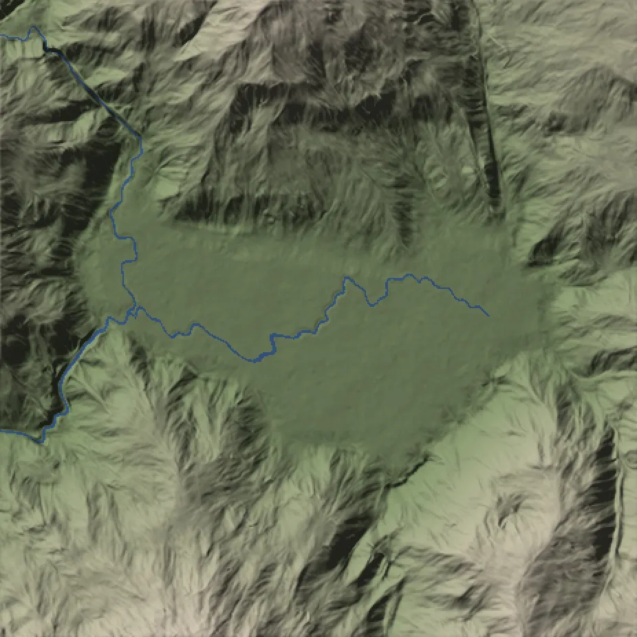 Ho Treo: basin, before lake installation, shown as plan-view shaded relief with blue diagnostic water