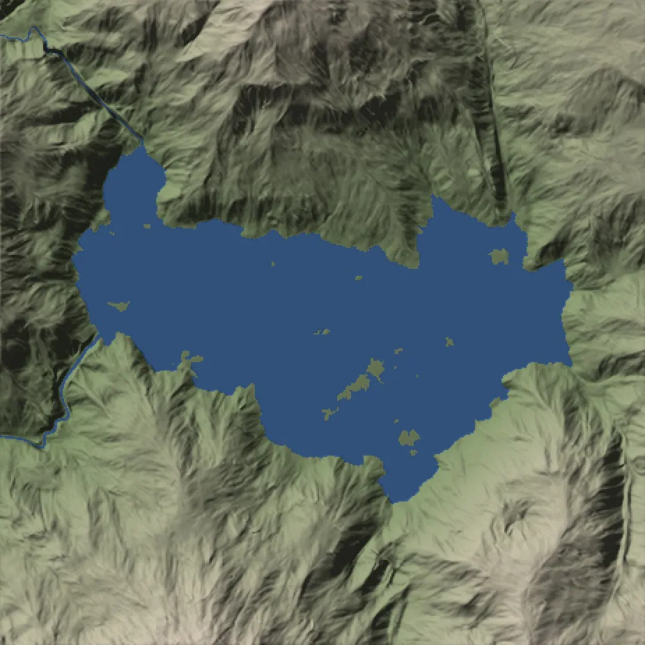 Ho Treo: basin, after lake installation, shown as plan-view shaded relief with blue diagnostic water