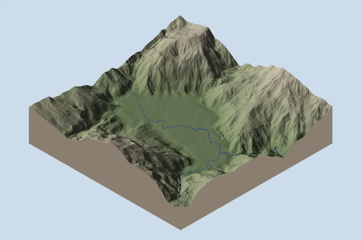 Ho Treo: basin, before lake installation, shown as oblique shaded relief with blue diagnostic water